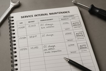 Notebook with handwritten service intervals and mileage notes