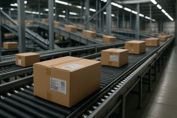 Conveyor with parcels receiving printed shipping labels