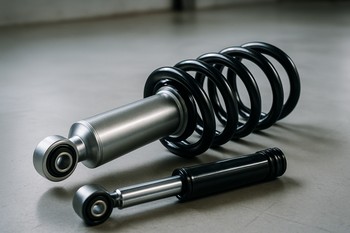 Shock absorber and coil spring lying on a workshop floor