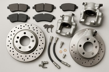 Set of brake pads, discs and small hardware on a grey background