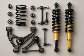 Shock absorbers and control arms grouped together on a table