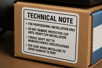 Technical note sticker placed on a car part box