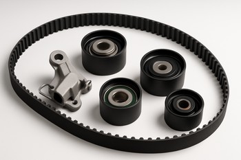 Timing belt kit with pulleys, belt and tensioner laid out on the table