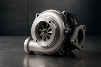 Turbocharger compressor housing placed on a metal workbench