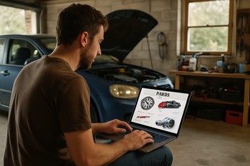 Driver in a home garage using a laptop to browse car parts