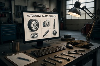 Workshop foreman checking a parts catalog on a desktop screen
