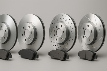 Two types of brake discs and pads compared on a work surface