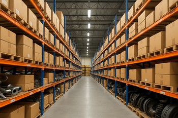 Warehouse aisle with shelves full of labelled boxes of car parts