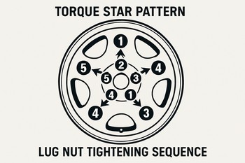 Mechanic tightening wheel bolts in a star pattern with a torque wrench