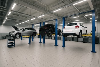 Professional workshop with multiple cars on lifts in separate bays